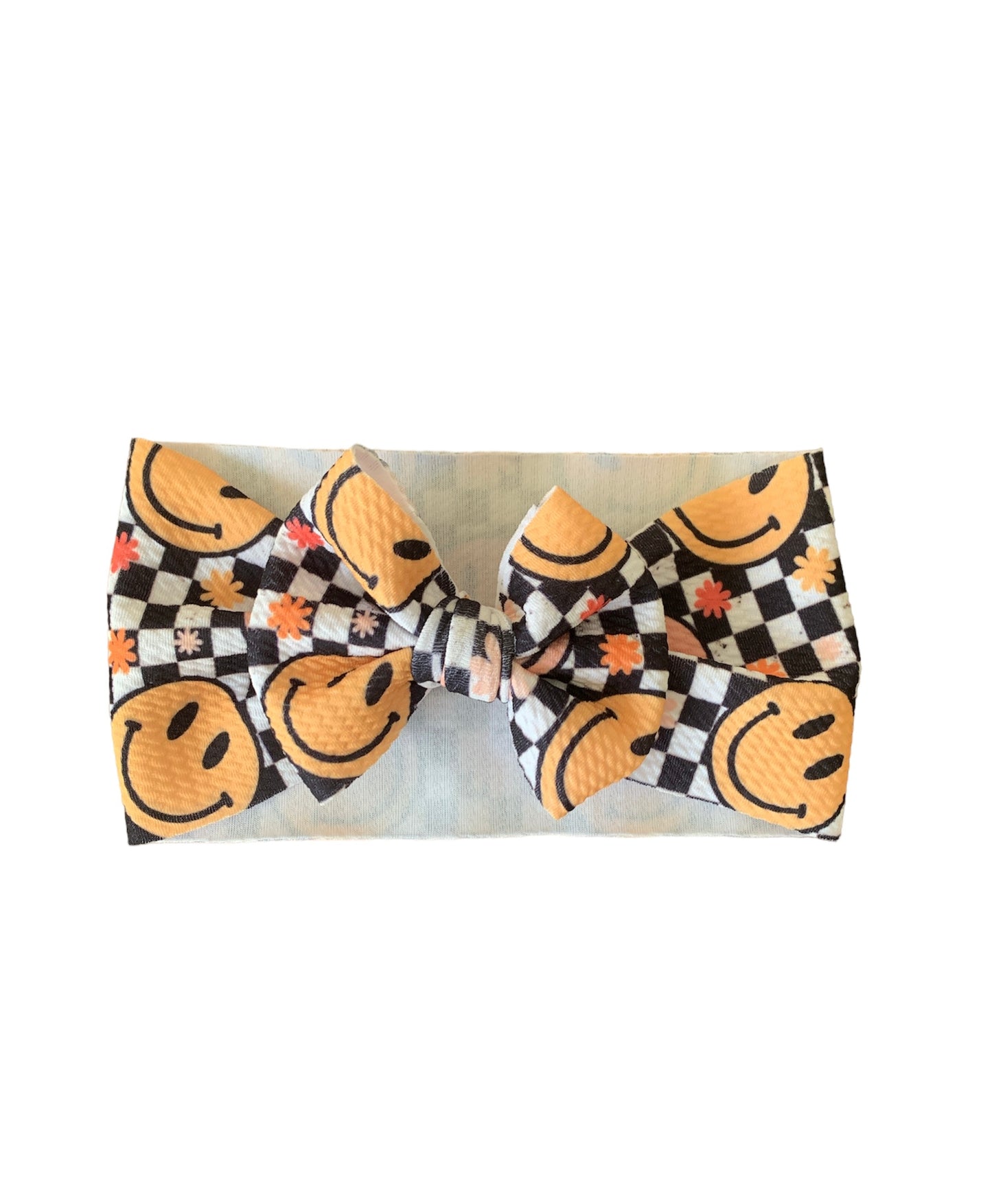 Checkered Smiley Face Headwrap Bow