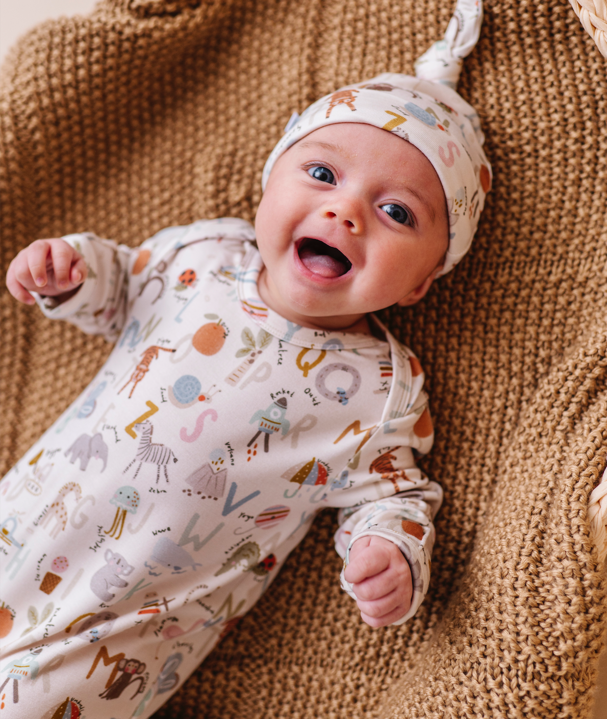 Animal ABC Bamboo Knotted Baby Gown + Hat