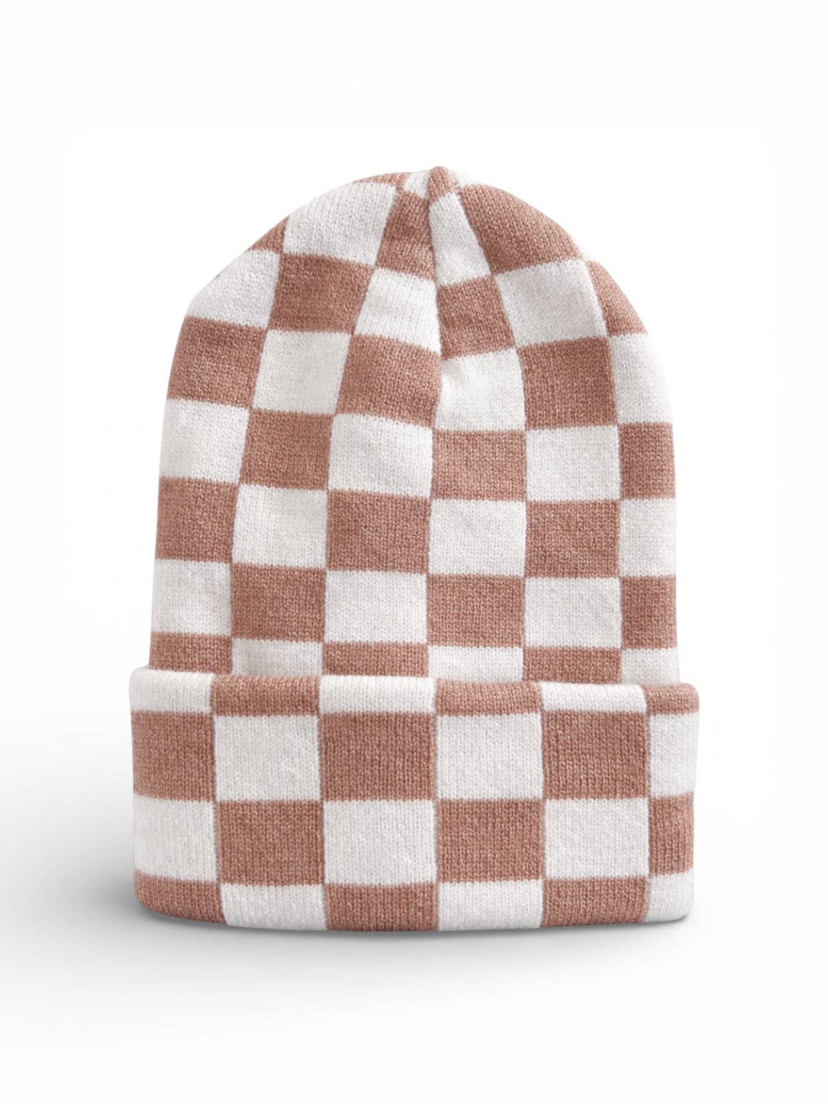 Baby's First Hat-Tan/Warm White Checkerboard