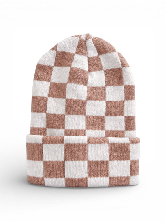 Baby's First Hat-Tan/Warm White Checkerboard