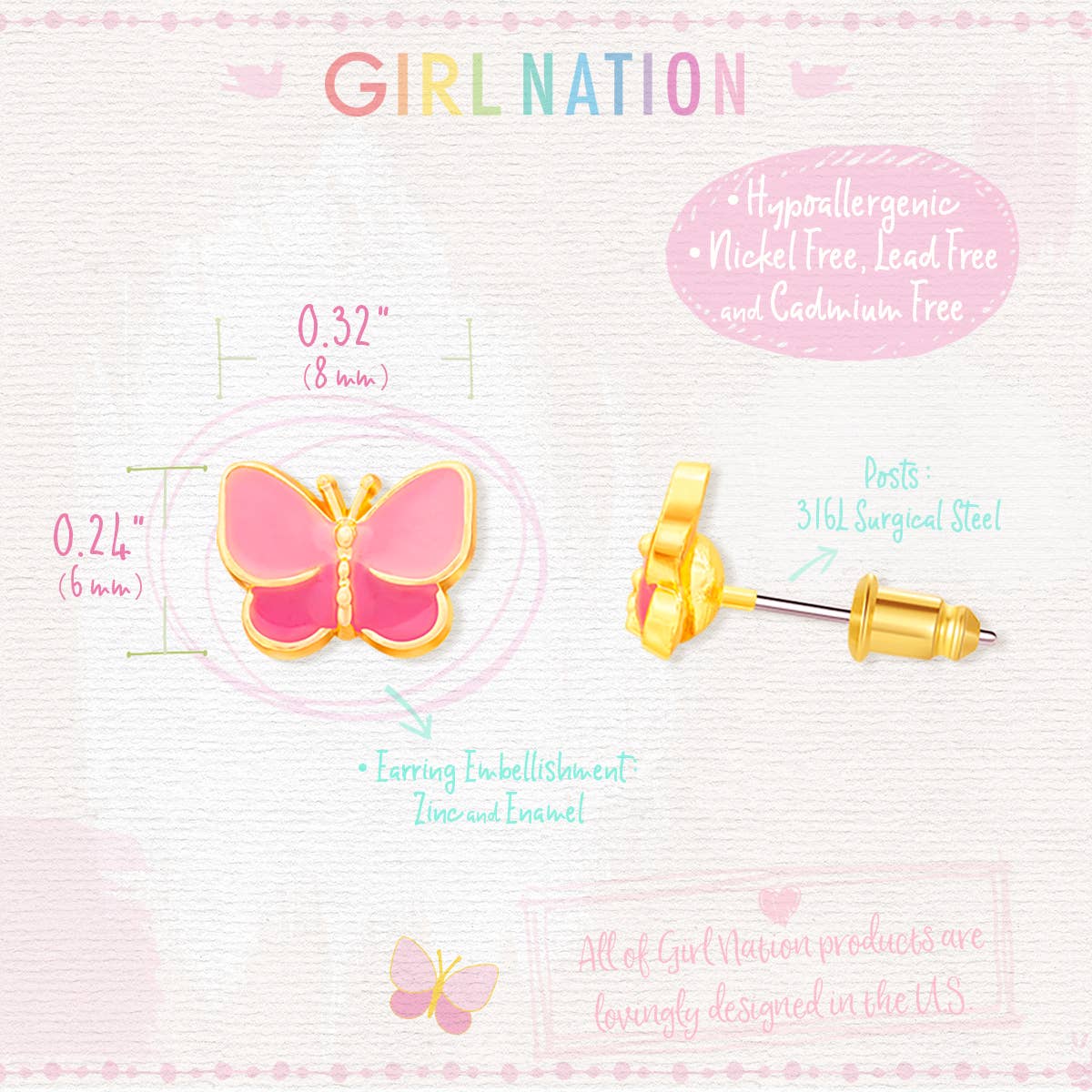 Sweet Pink Butterfly Stud Earrings