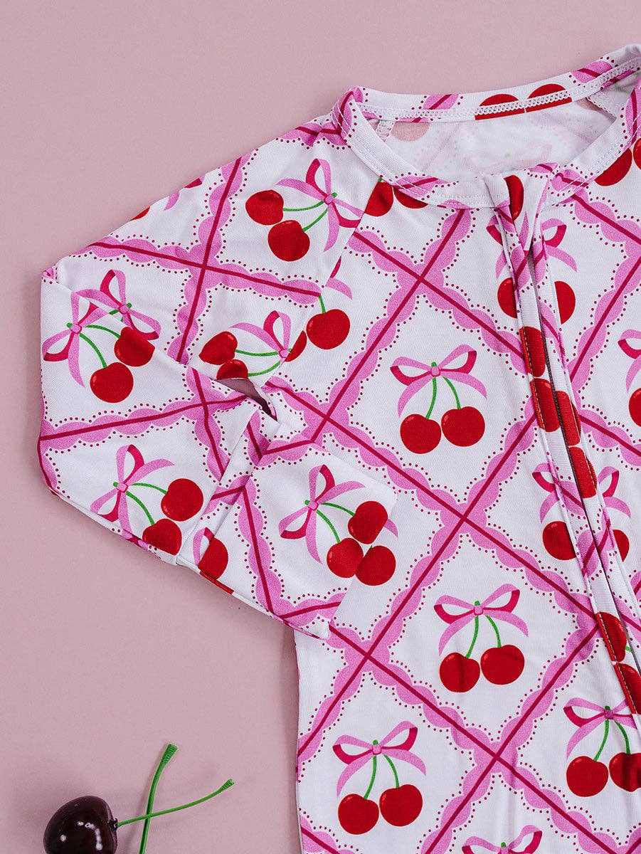 Cherry Bow Bamboo Zip Romper