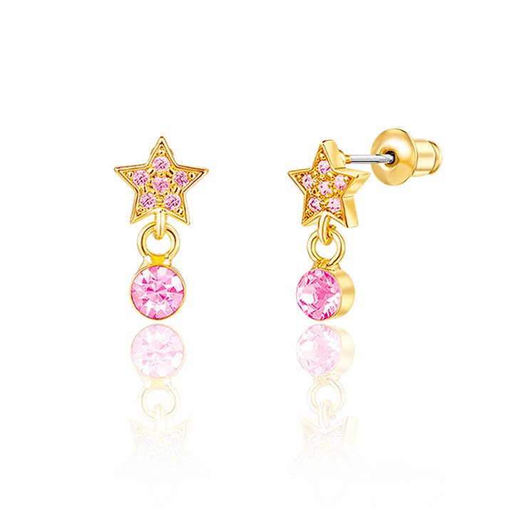Star with Pink Cubic Zirconia Drop Earrings