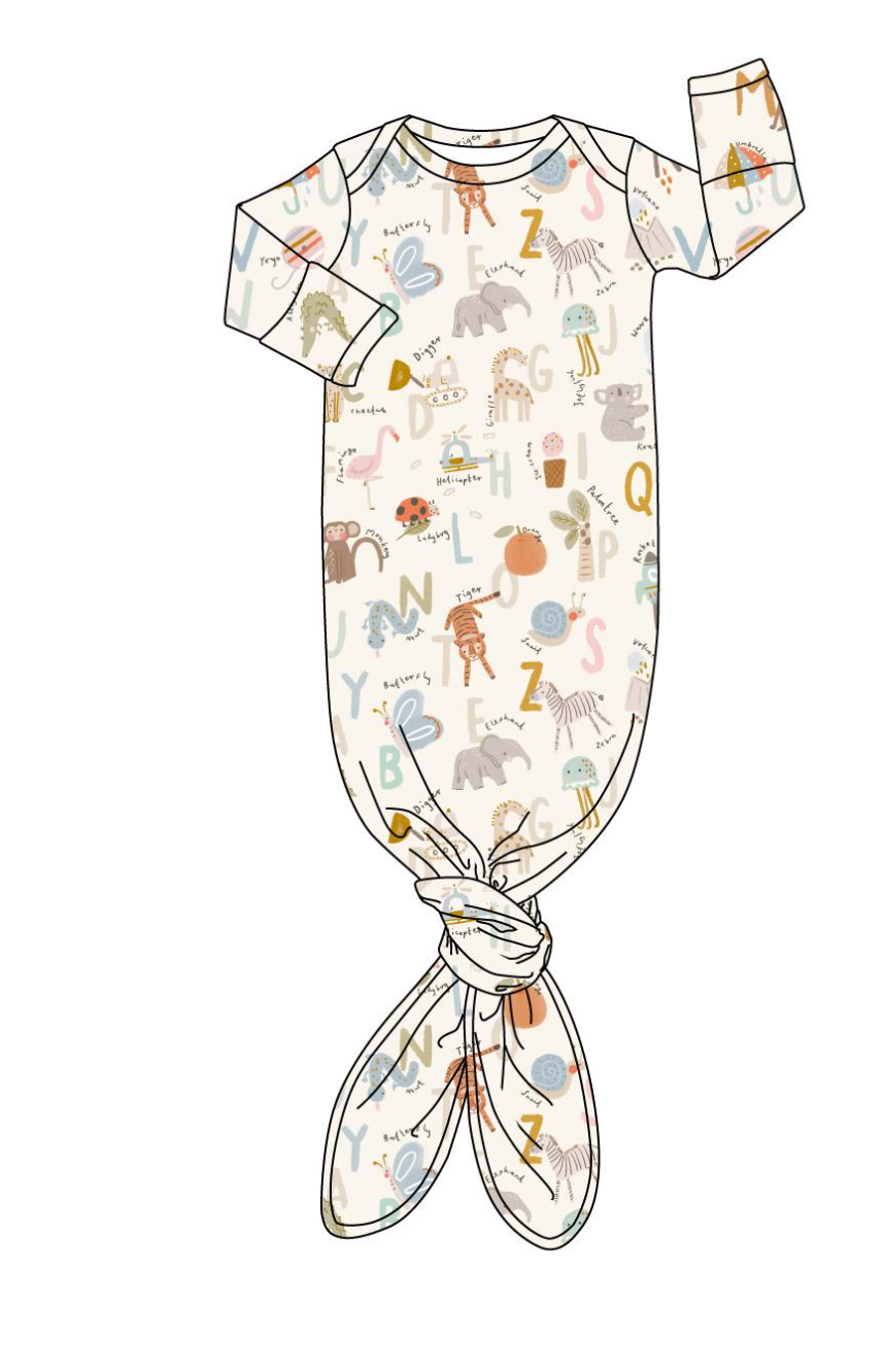 Animal ABC Bamboo Knotted Baby Gown + Hat