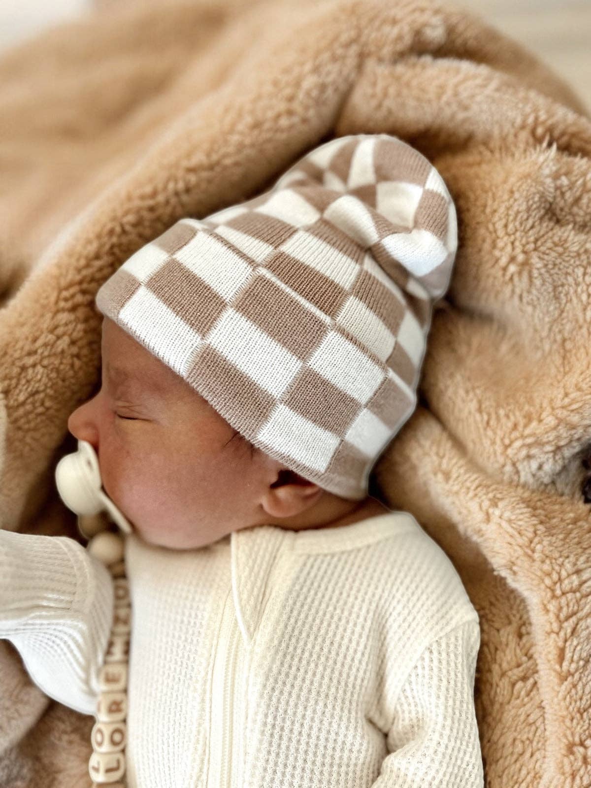 Baby's First Hat-Tan/Warm White Checkerboard