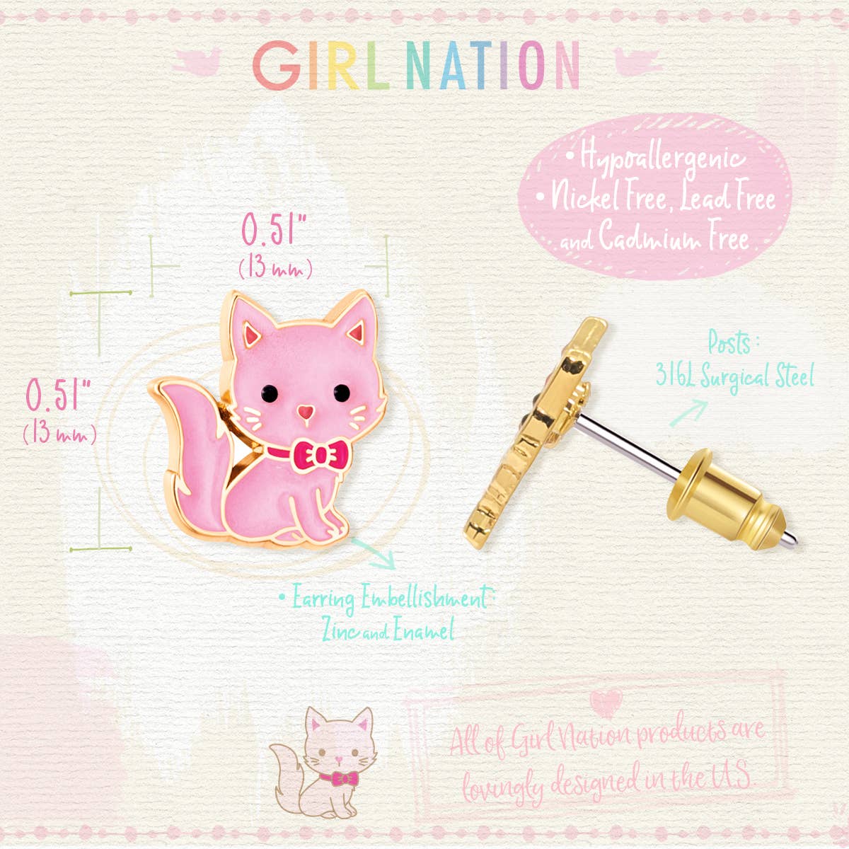 Pink Kitty Stud Earrings