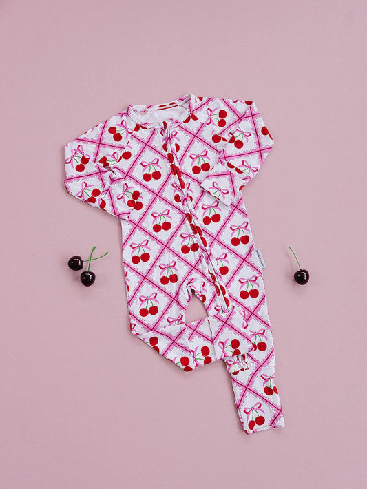 Cherry Bow Bamboo Zip Romper