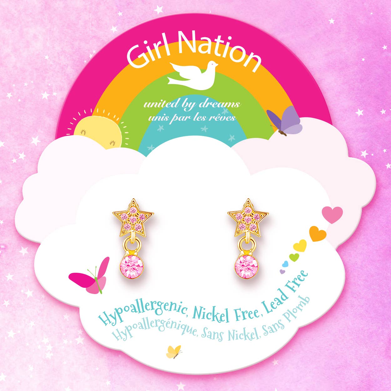 Star with Pink Cubic Zirconia Drop Earrings