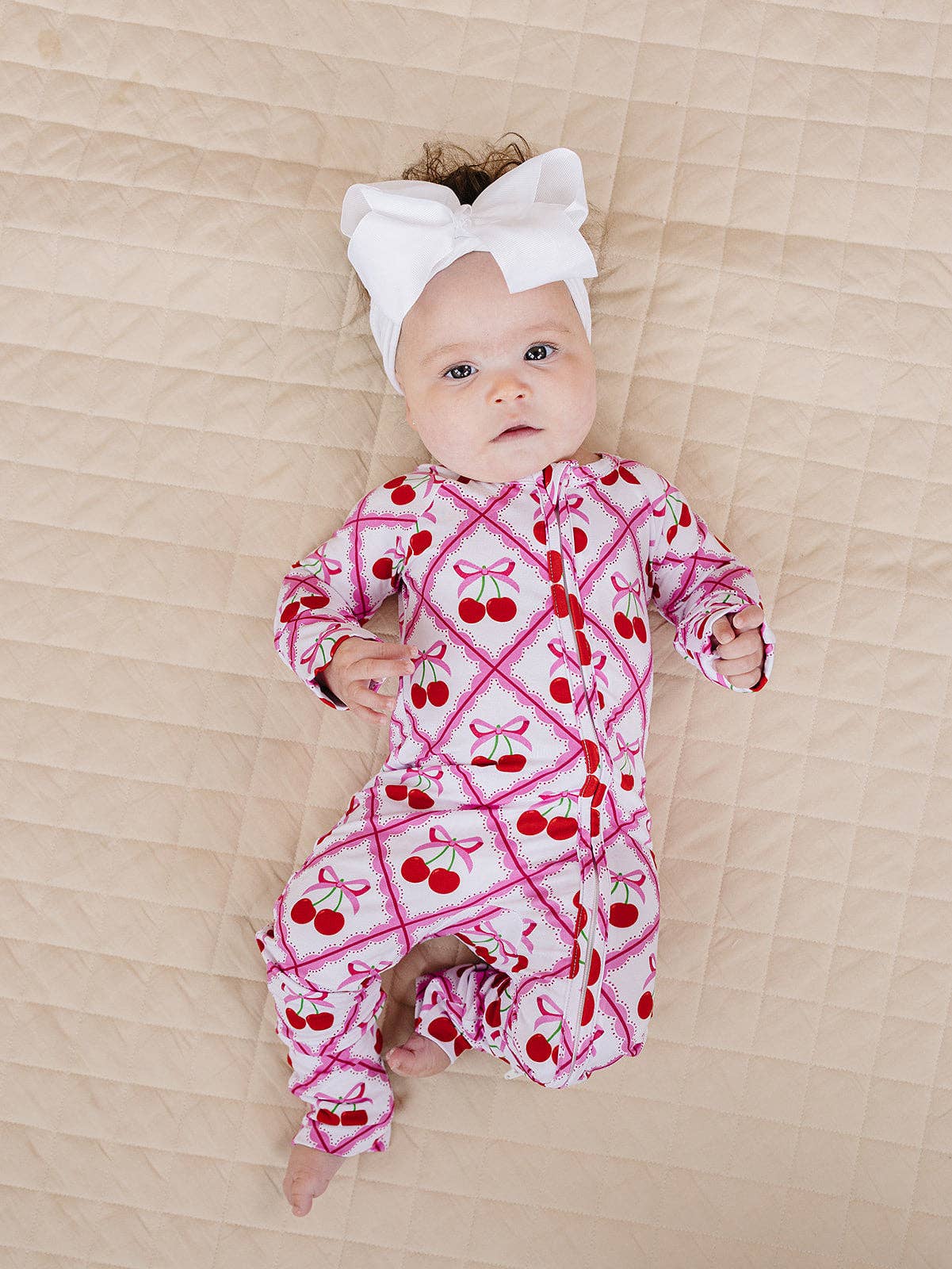Cherry Bow Bamboo Zip Romper
