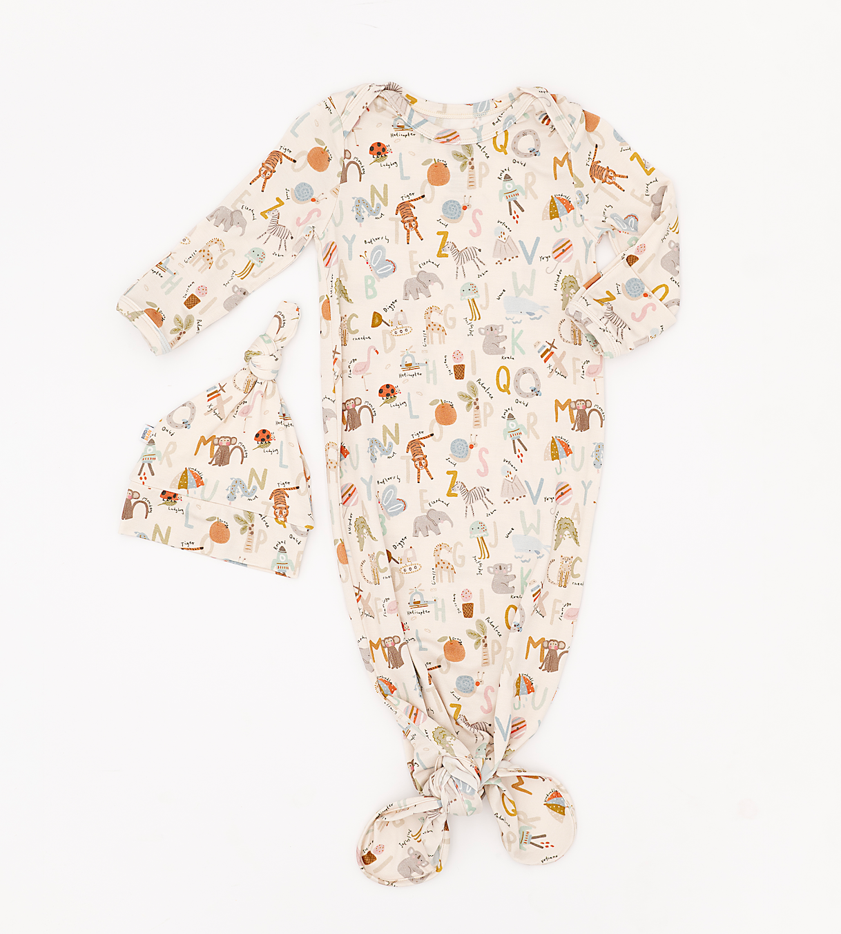 Animal ABC Bamboo Knotted Baby Gown + Hat