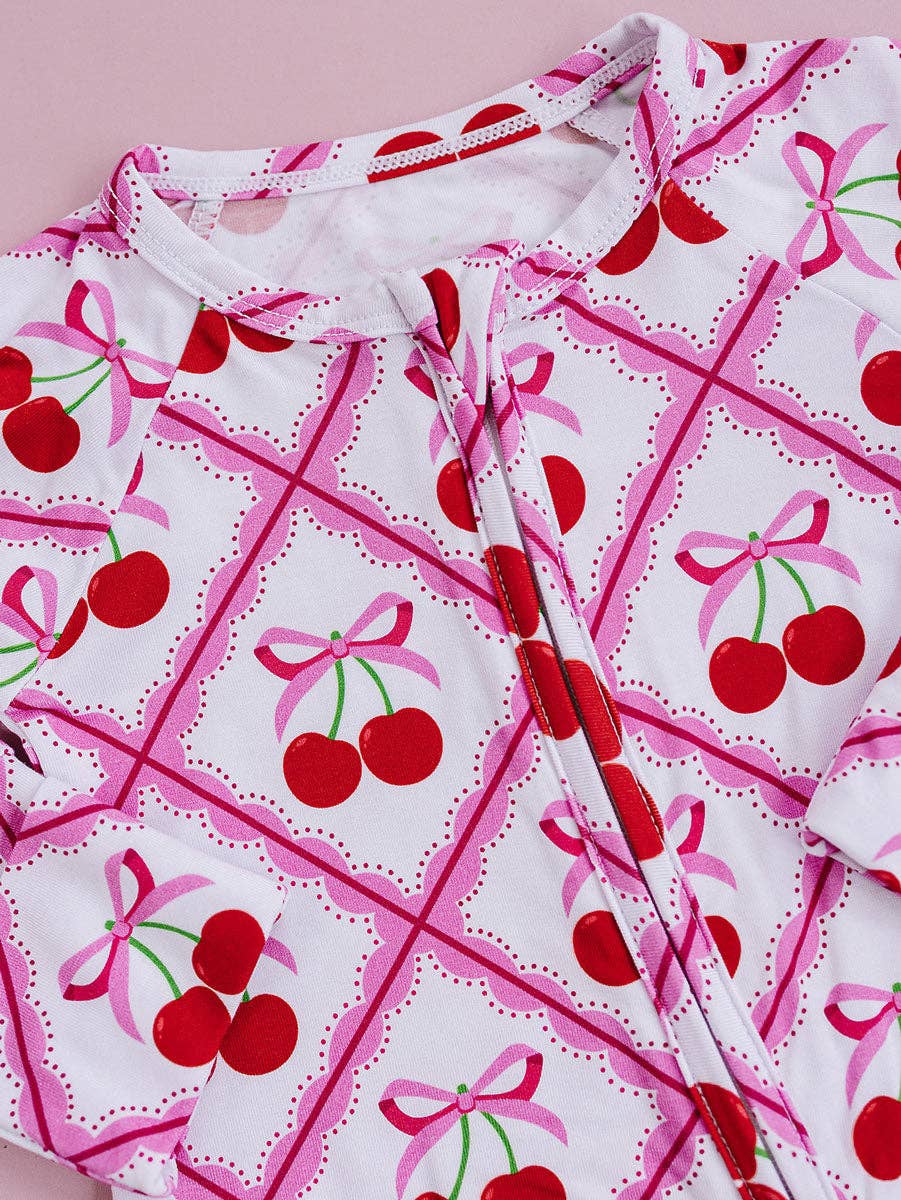 Cherry Bow Bamboo Zip Romper