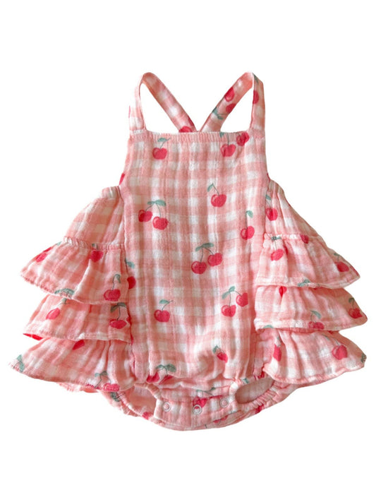 Gingham + Cherries Muslin Ruffle Sunsuit