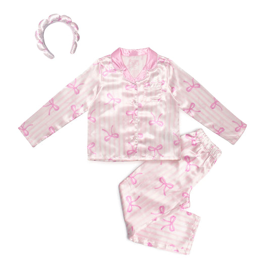 Pink Striped Bow Satin Pajama Set