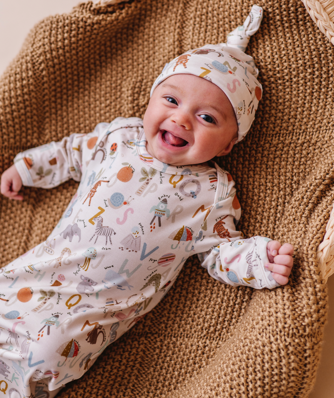 Animal ABC Bamboo Knotted Baby Gown + Hat