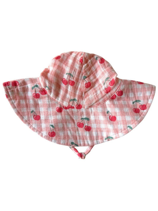 Gingham + Cherries Muslin Wide Brim Sunhat