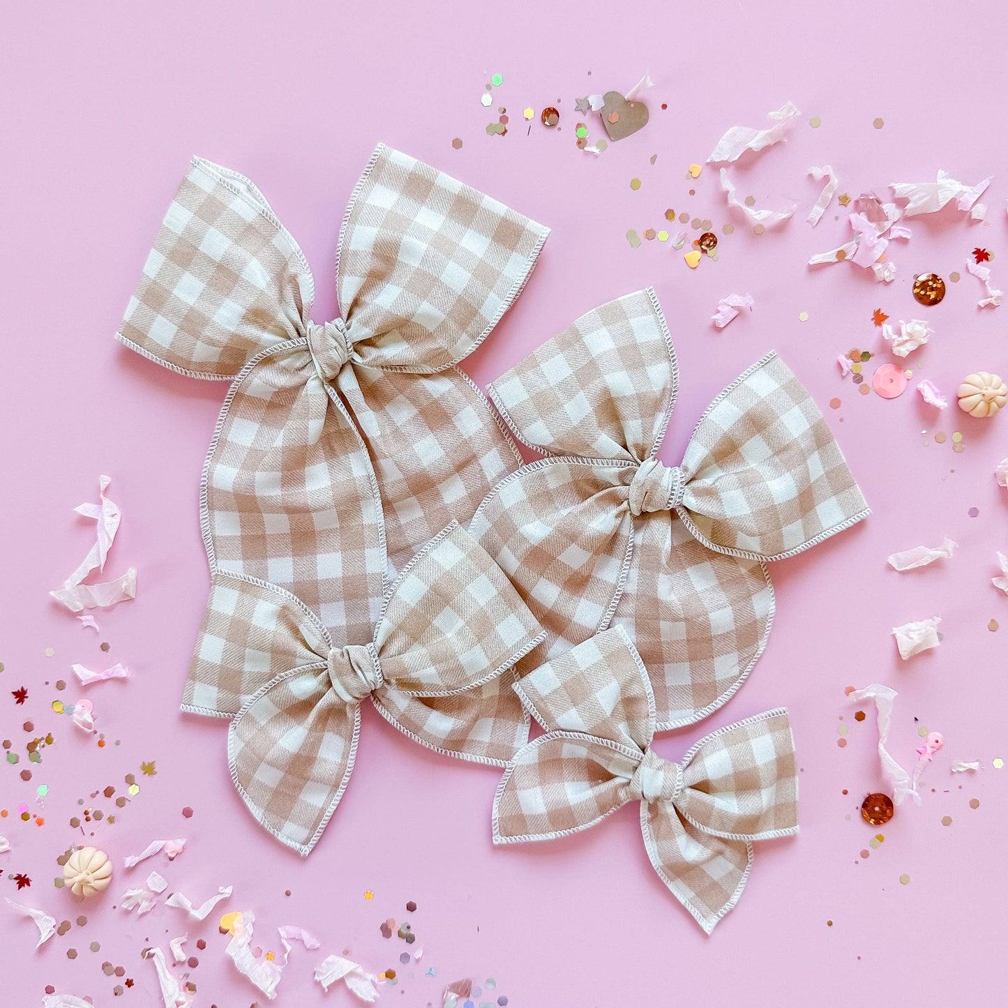 Beige and White Gingham Bow