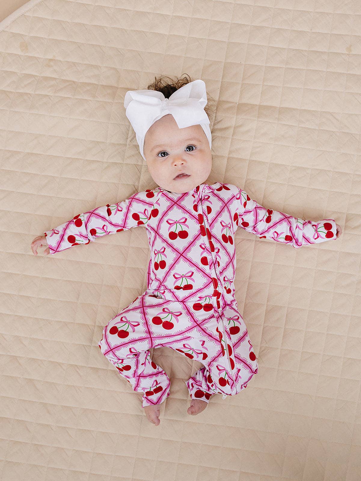 Cherry Bow Bamboo Zip Romper