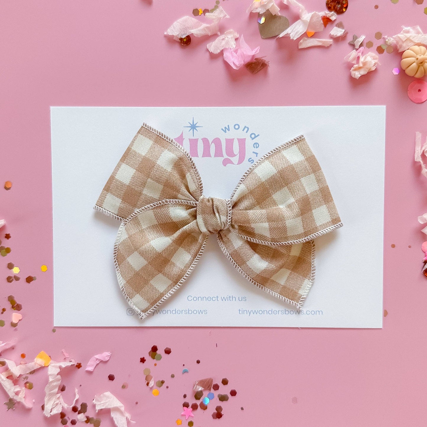 Beige and White Gingham Bow