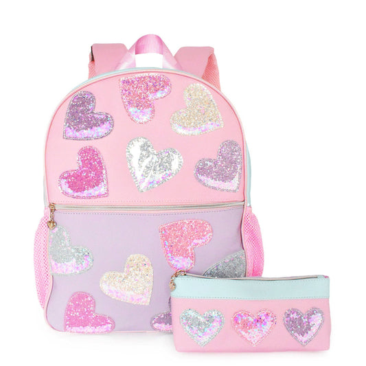 Confetti Heart Patched Color Block Large Backpack with Pencil Case