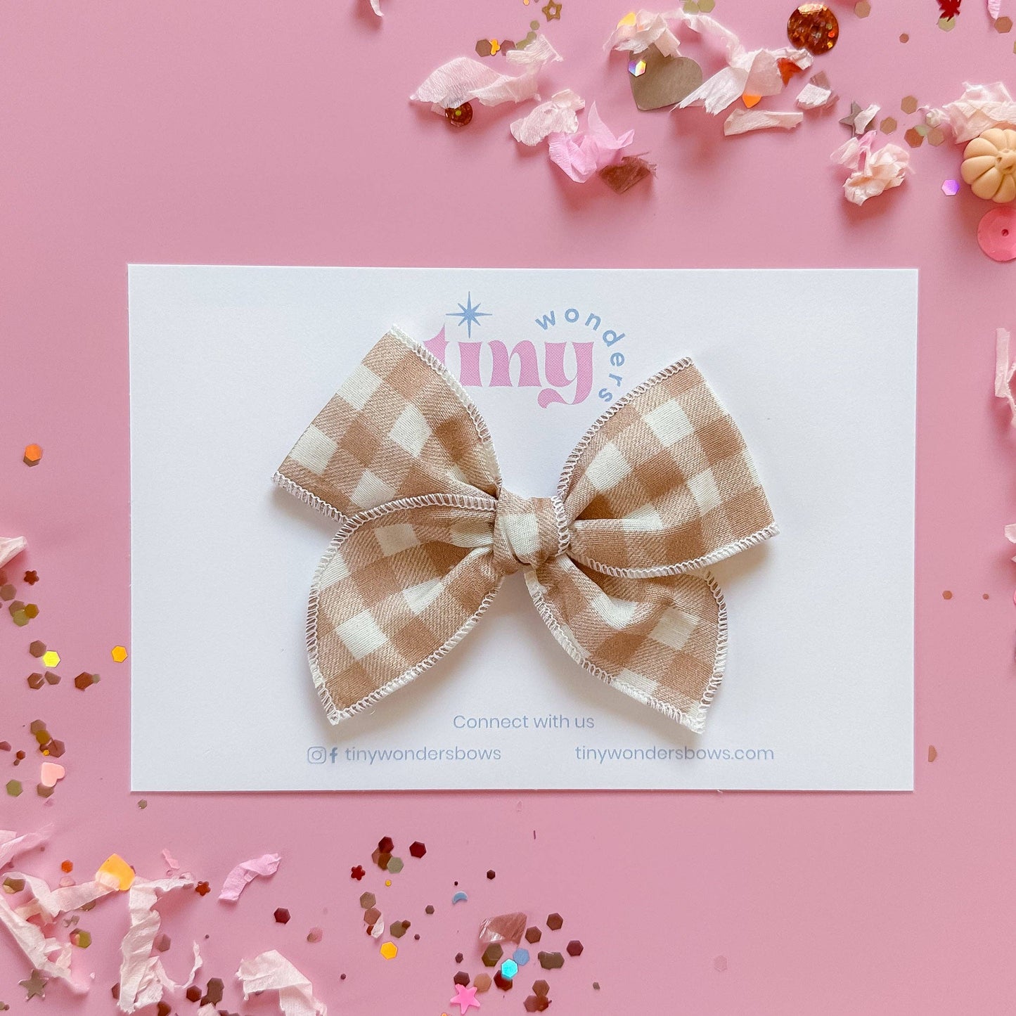 Beige and White Gingham Bow