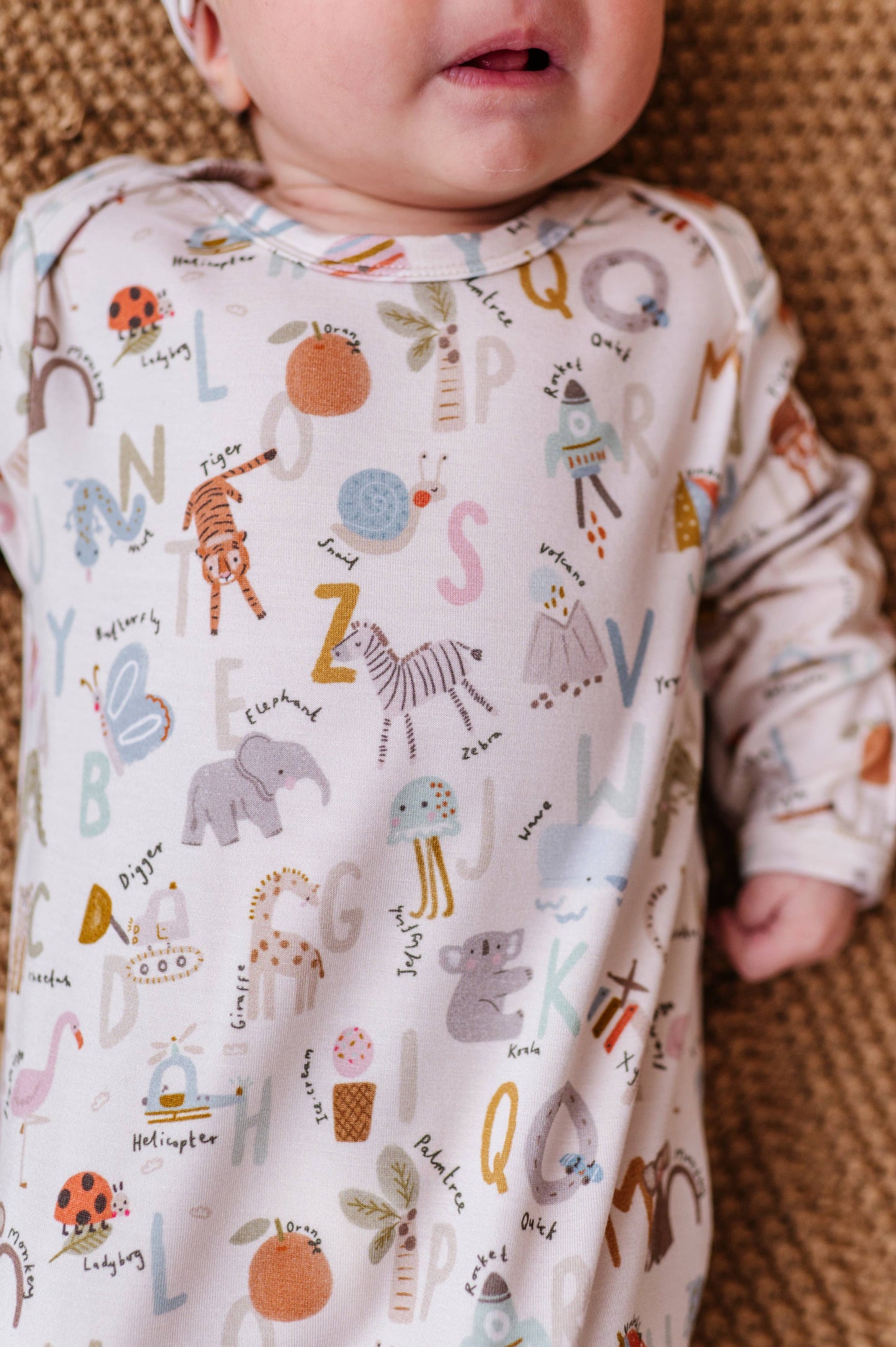 Animal ABC Bamboo Knotted Baby Gown + Hat
